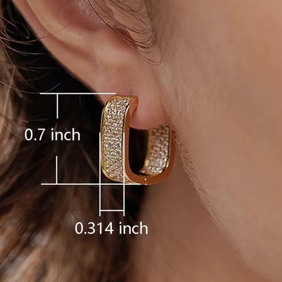 Silver Zircon Diamond White Gold Plated Pave Square Hoop Minimalist Earrings - Picture 3 of 3